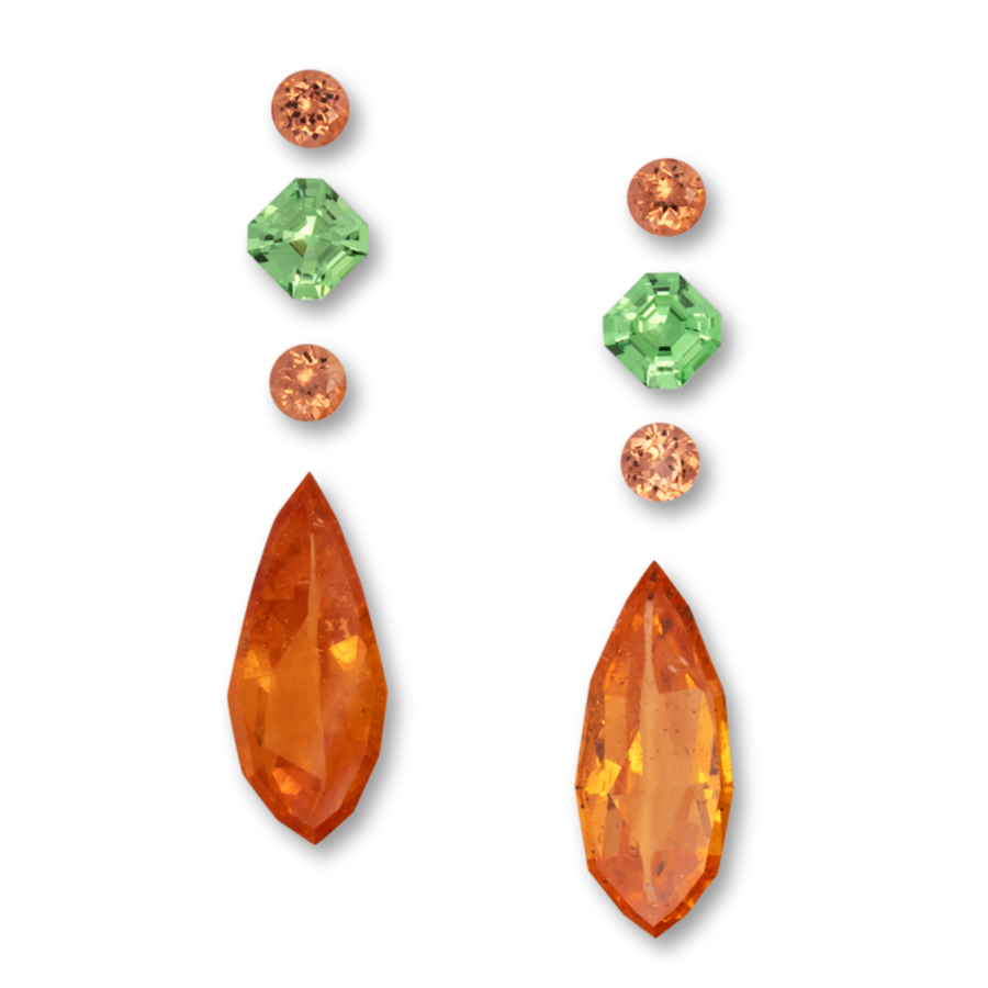 Tsavorit, Mandarin Granat im Set - orange & grün, fancy & rund & asscher, 14.4x6.1 mm, 7.48 ct, Nr. SET99094