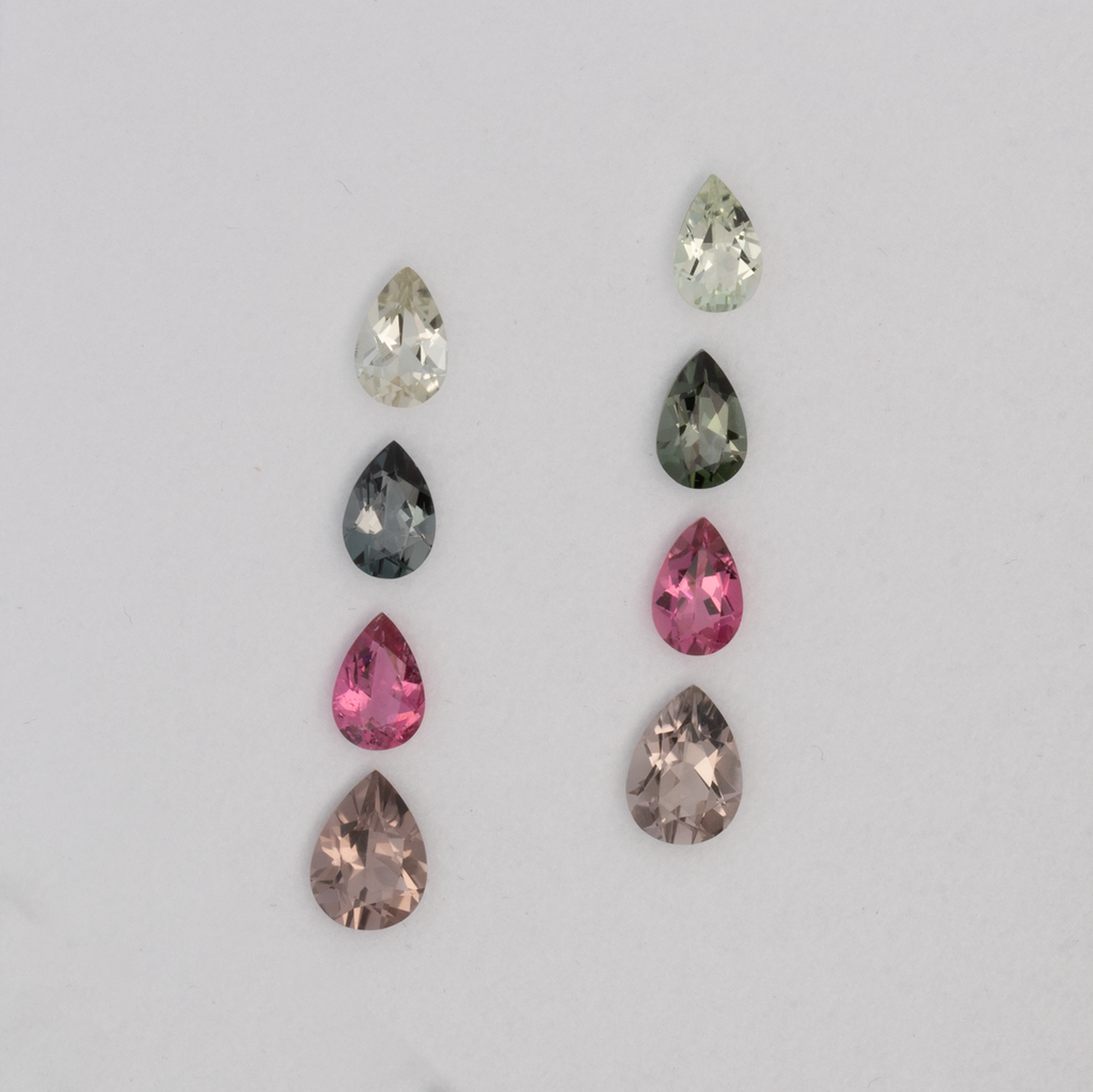 Turmalin im Set - gelb & grau & pink & braun, birnform, 7.0x5.0 mm, 3.34 ct, Nr. SET99099
