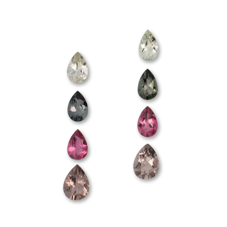 Turmalin im Set - gelb & grau & pink & braun, birnform, 7.0x5.0 mm, 3.34 ct, Nr. SET99099